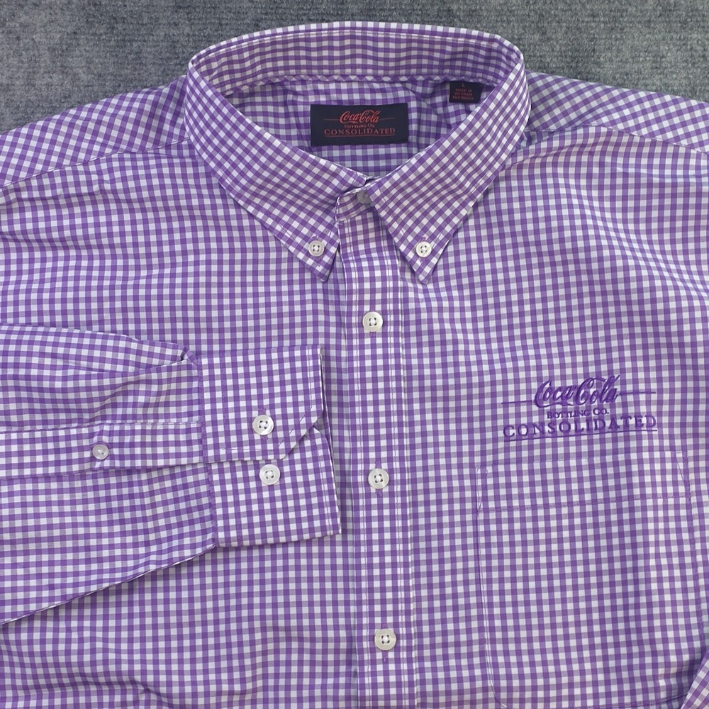 Coca Cola Consolidated‎ Shirt Large Purple Check Long Sleeve Button Down Poly